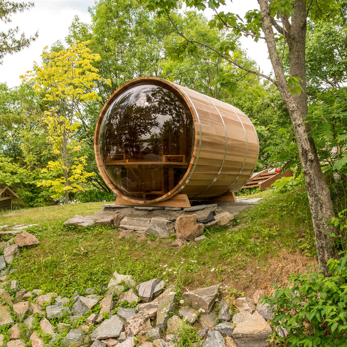 Dundalk panorama barrel sauna met veranda ø213 x 310 cm - Knotty Red Cedar (PD)