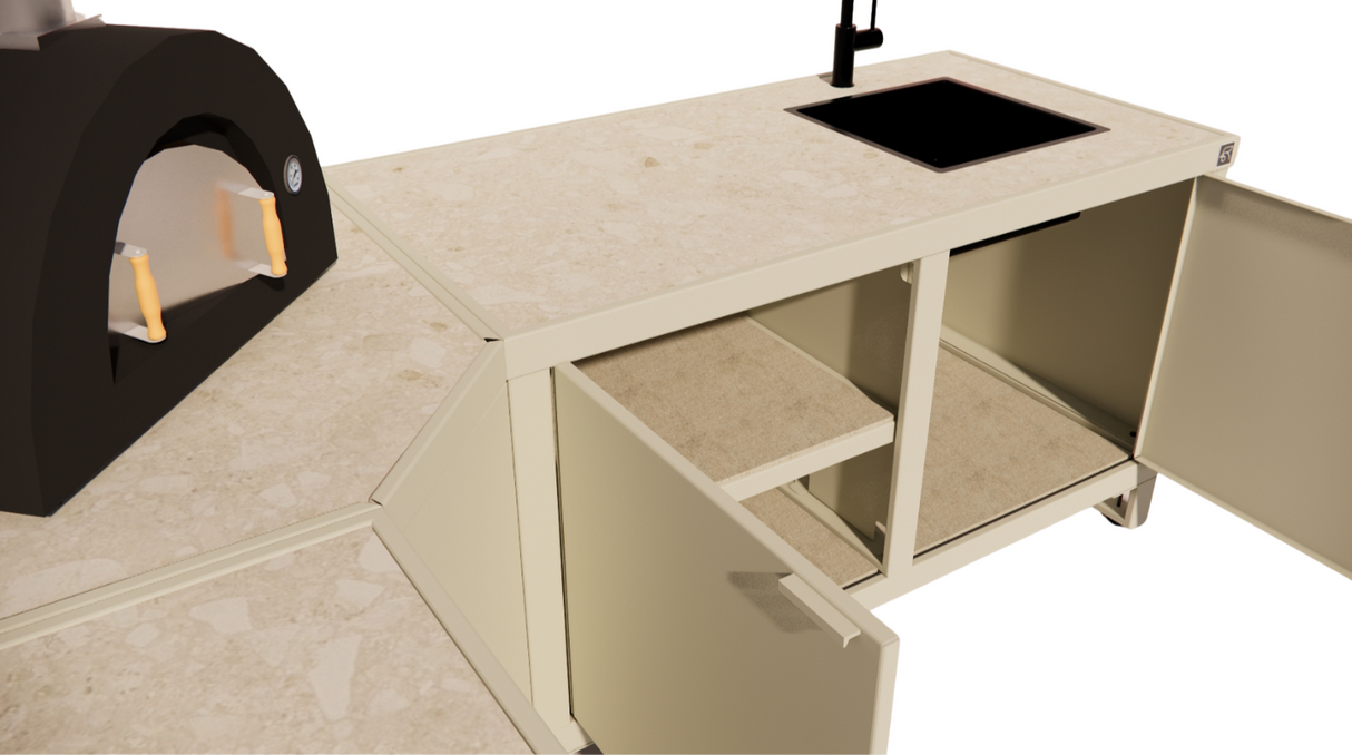 Roostr Rubix Hoekopstelling met koelkast, spoelunit & pizzastation – timeless taupe