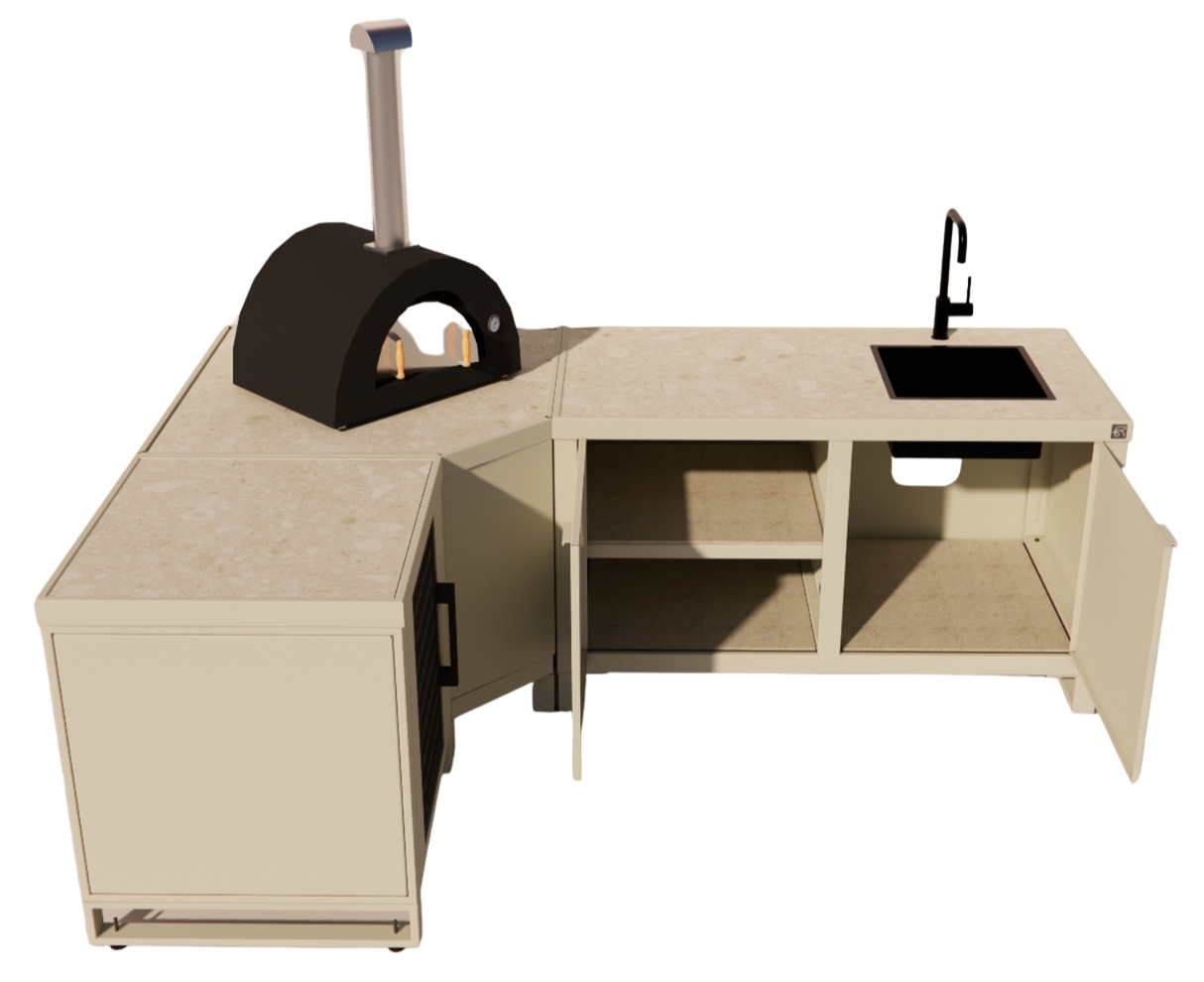 Roostr Rubix Hoekopstelling met koelkast, spoelunit & pizzastation – timeless taupe