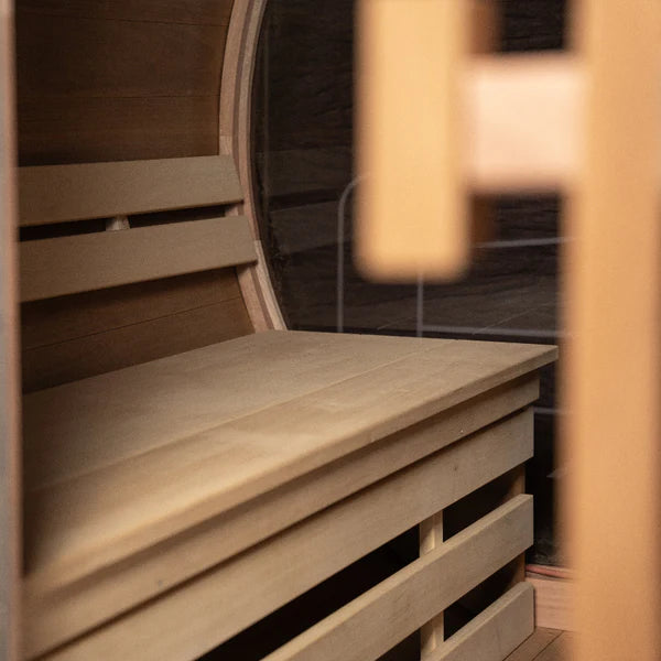 Niksen gemodificeerd Ayous barrel sauna met voorportaal 360 cm