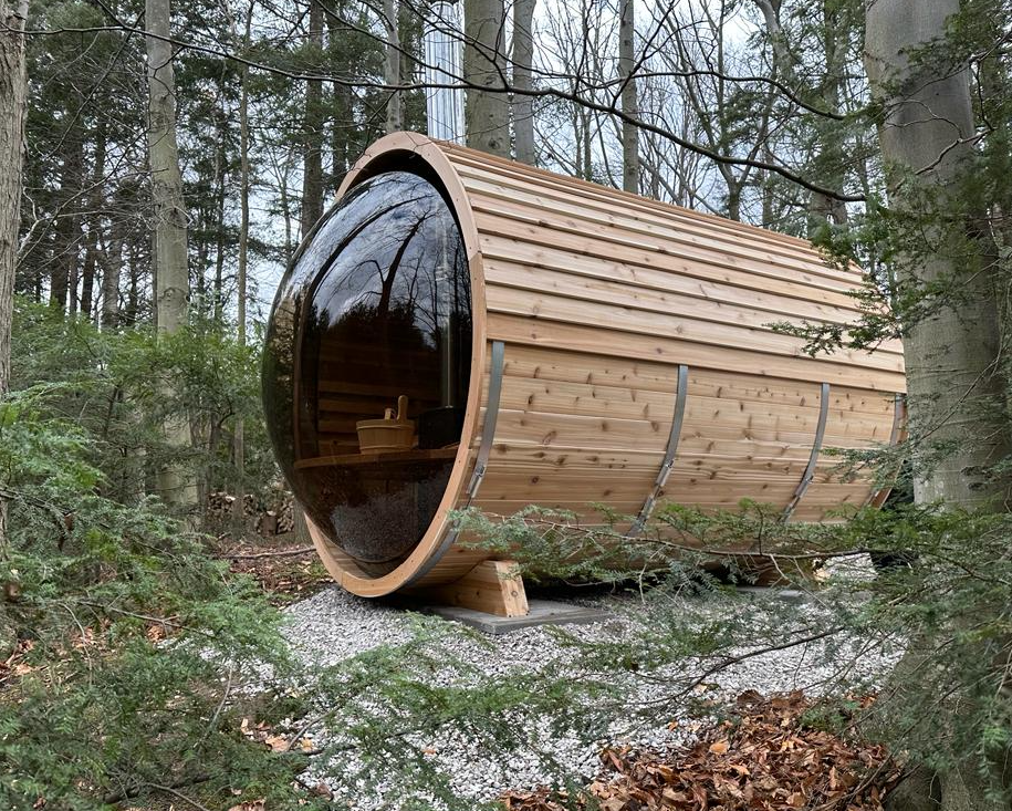 Dundalk panorama barrel sauna met veranda ø213 x 310 cm - Knotty Red Cedar (PD)