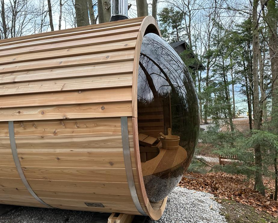 Dundalk panorama barrel sauna met veranda ø213 x 310 cm - Knotty Red Cedar (PD)