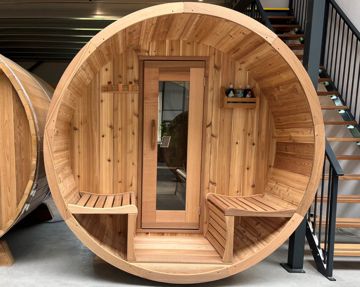 Dundalk panorama barrel sauna met veranda ø213 x 310 cm - Knotty Red Cedar (PD)