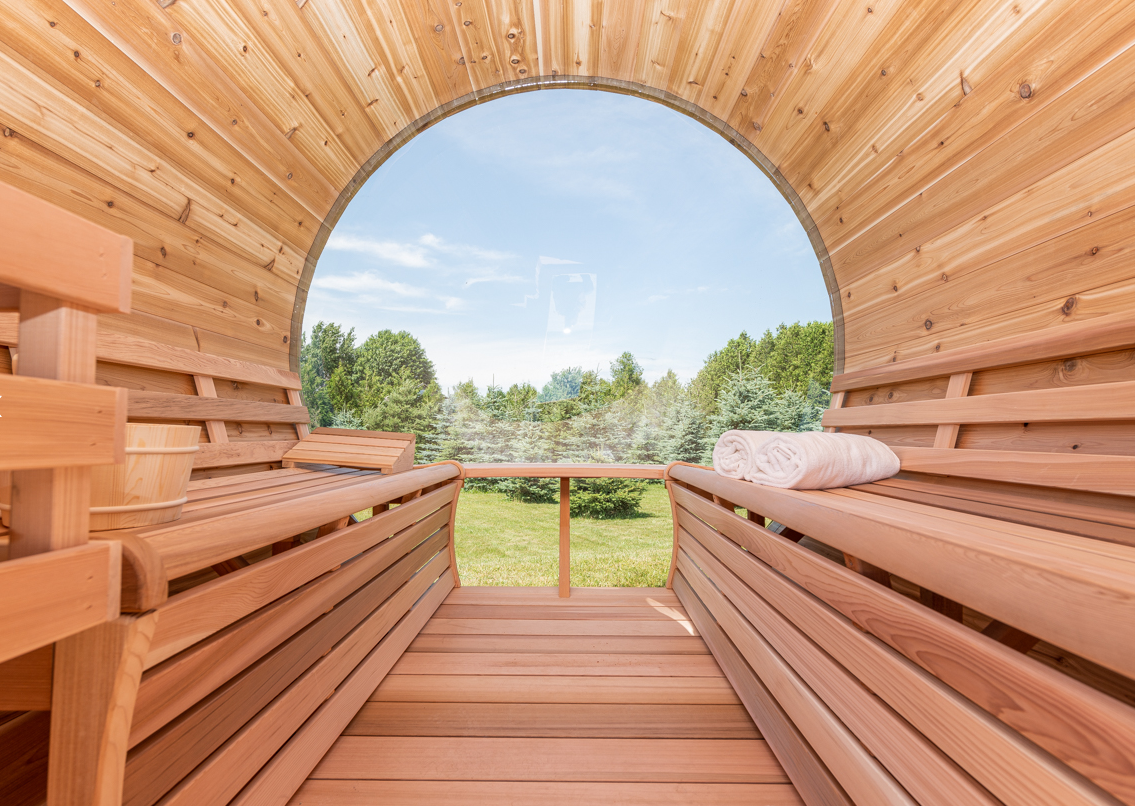 Dundalk panorama barrel sauna met veranda ø213 x 310 cm - Knotty Red Cedar (PD)