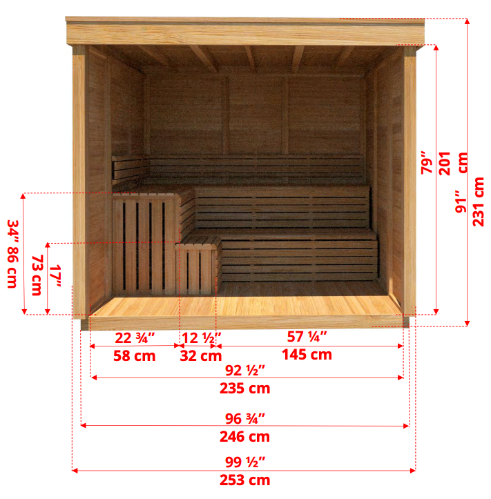 Pure cube outdoor sauna met veranda 262 x 253 cm - Knotty Red Cedar