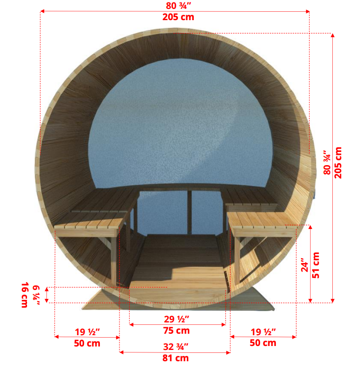 Dundalk panorama barrel sauna met veranda ø213 x 310 cm - Clear Red Cedar (PD)