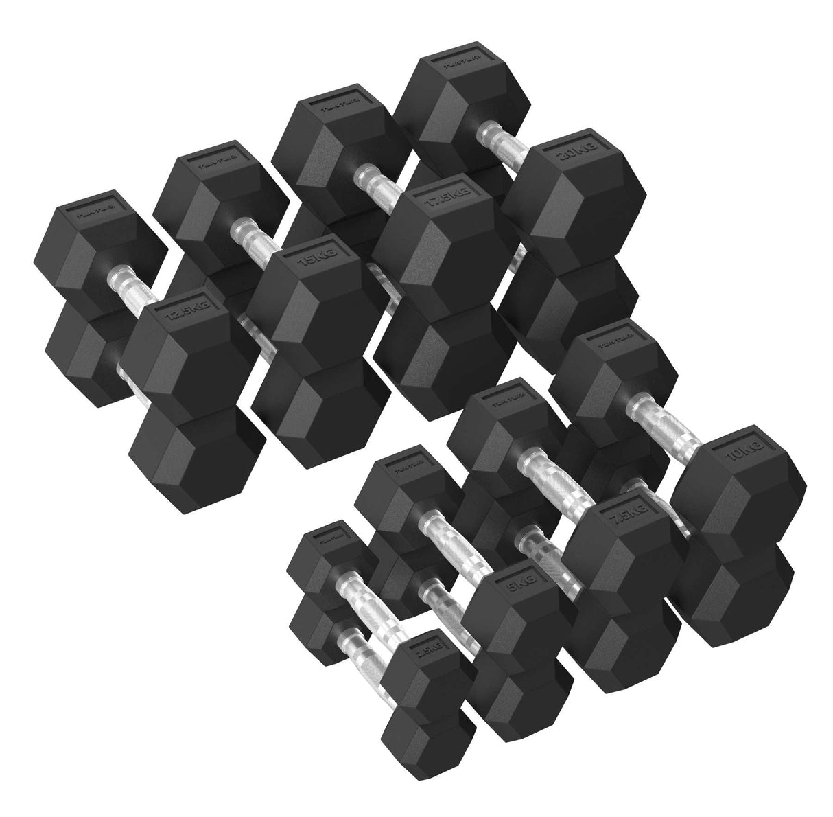 Tunturi Platinum Hex Rubber Dumbbell 2,5 - 20 kg set met Dumbbell Rek
