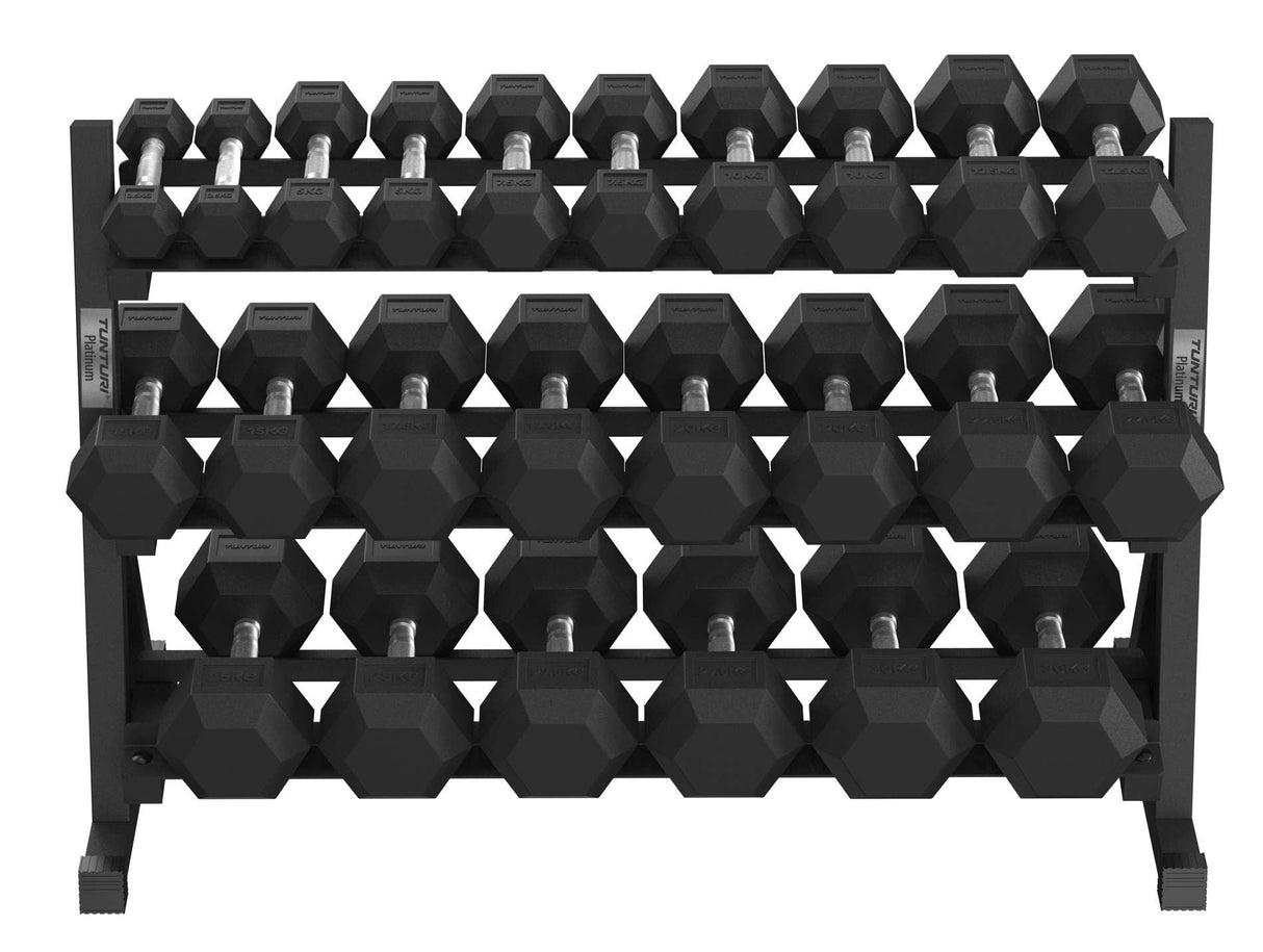 Tunturi Platinum Hex Rubber Dumbbell 2,5 - 30 kg set met Dumbbell Rek