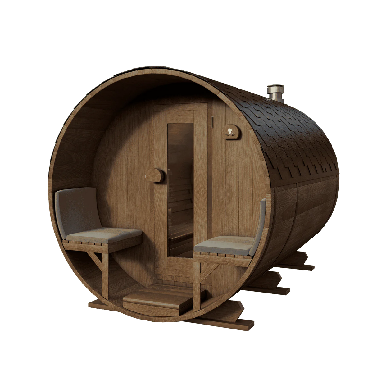 Gemodificeerd Ayous barrel sauna met voorportaal 360 cm