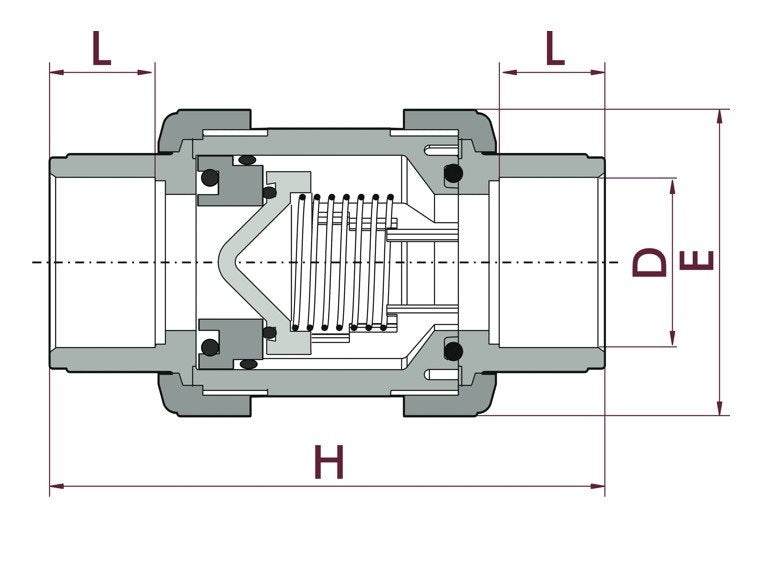 PVC terugslagklep met veer 50 mm (lijmverbinding) tekening