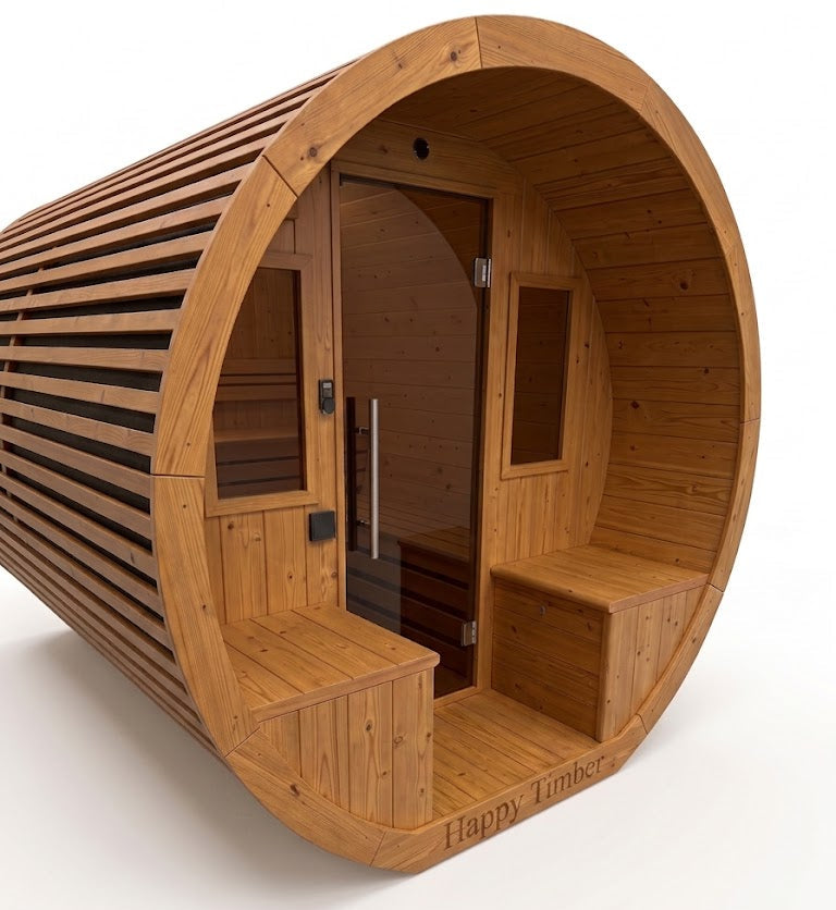 Niksen gemodificeerd Ayous barrel sauna met voorportaal 295 cm