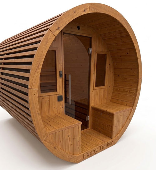 Niksen gemodificeerd Ayous barrel sauna met voorportaal 295 cm