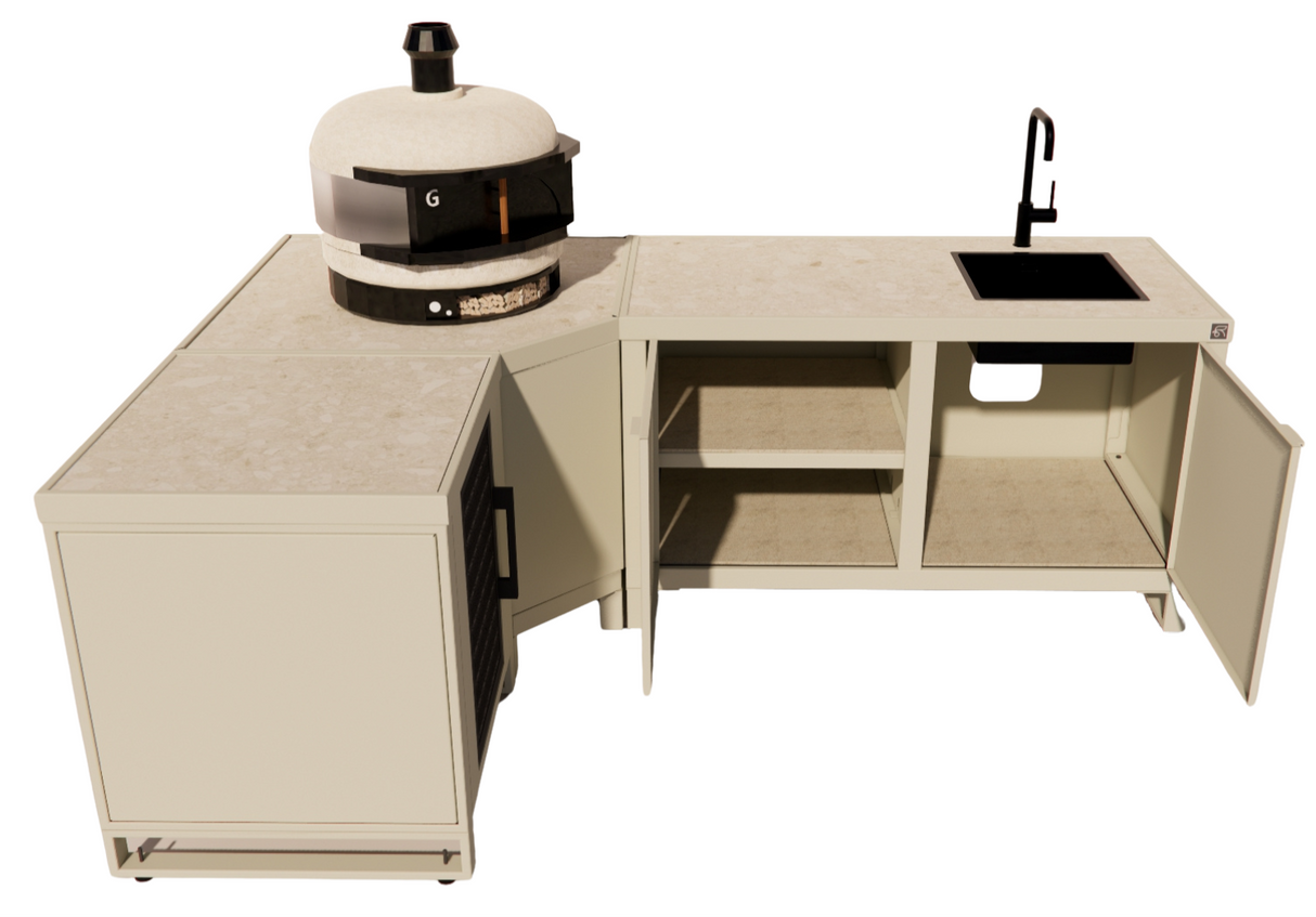 Roostr Rubix Hoekopstelling met koelkast, spoelunit & pizzastation – timeless taupe