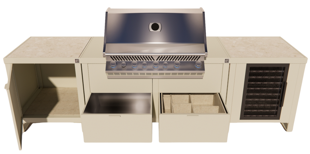 Roostr Rubix opstelling met gasbarbecue en koelkast - timeles taupe