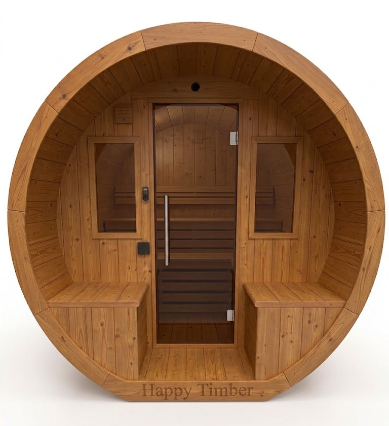 Niksen gemodificeerd Ayous barrel sauna met voorportaal 295 cm