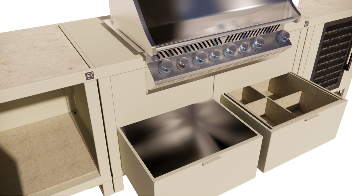 Roostr Rubix opstelling met gasbarbecue en koelkast - timeles taupe