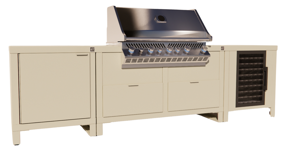 Roostr Rubix opstelling met gasbarbecue en koelkast - timeles taupe