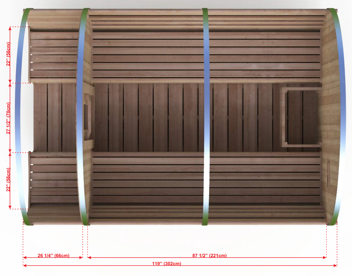 Dundalk White Cedar barrel sauna Ø200 x 300 cm met veranda