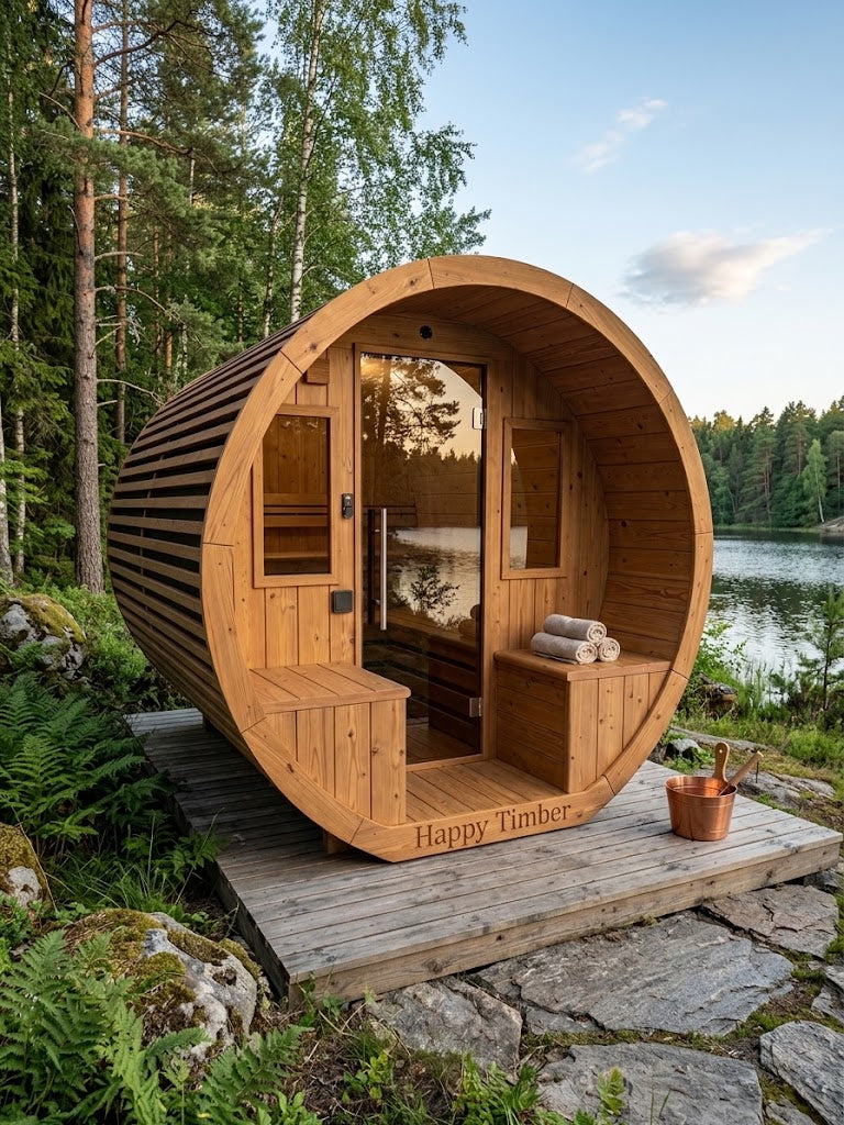 Niksen gemodificeerd Ayous barrel sauna met voorportaal 265 cm