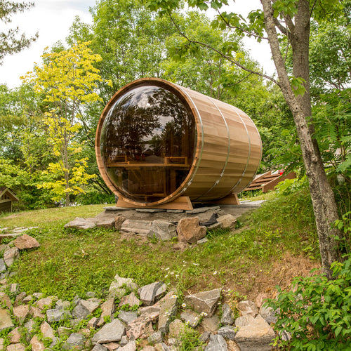 Dundalk panorama barrel sauna met veranda ø213 x 310 cm - Knotty Red Cedar (PD)