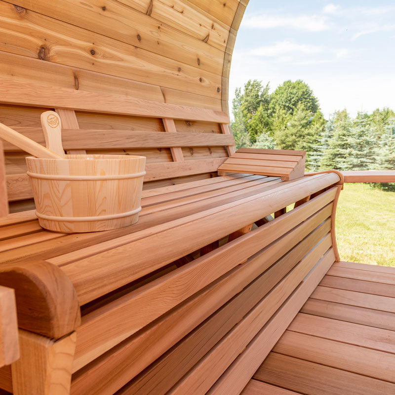 Dundalk panorama barrel sauna met veranda ø213 x 310 cm - Knotty Red Cedar (PD)