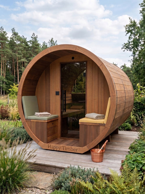 Gemodificeerd Ayous barrel sauna met voorportaal 295 cm