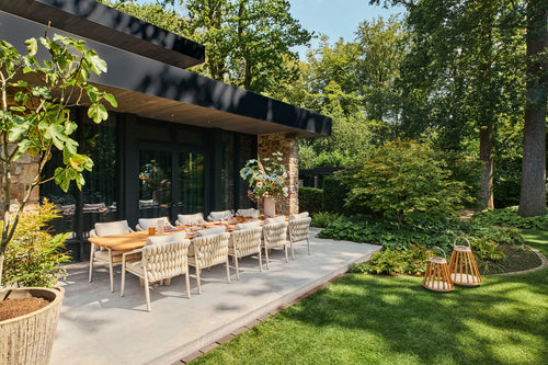 SUNS Palermo tafel 420 x 100 cm - Natural new teak blad / Camel sand frame