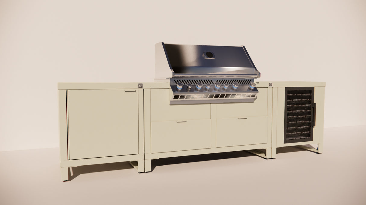Roostr Rubix opstelling met gasbarbecue en koelkast - timeles taupe