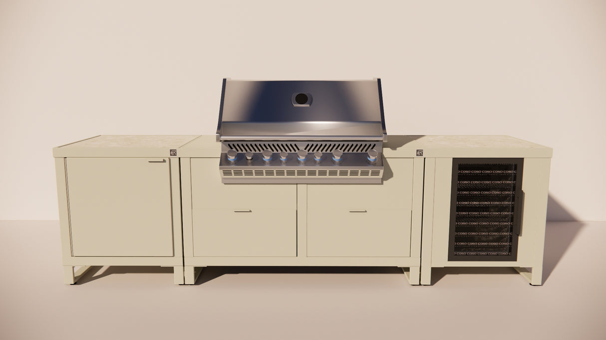Roostr Rubix opstelling met gasbarbecue en koelkast - timeles taupe