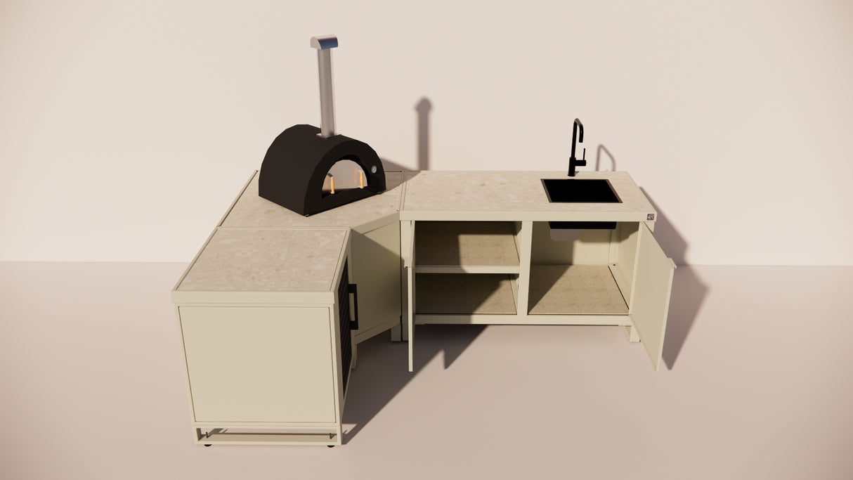 Roostr Rubix Hoekopstelling met koelkast, spoelunit & pizzastation – timeless taupe