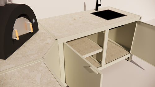 Roostr Rubix Hoekopstelling met koelkast, spoelunit & pizzastation – timeless taupe