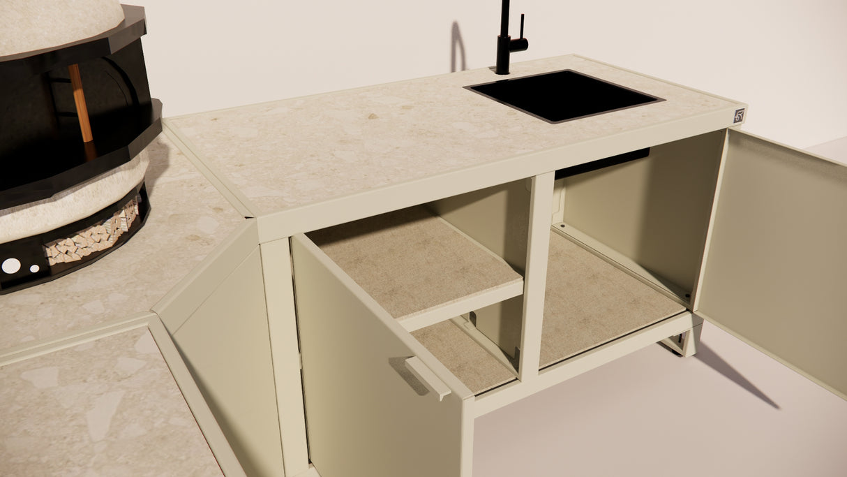 Roostr Rubix Hoekopstelling met koelkast, spoelunit & pizzastation – timeless taupe