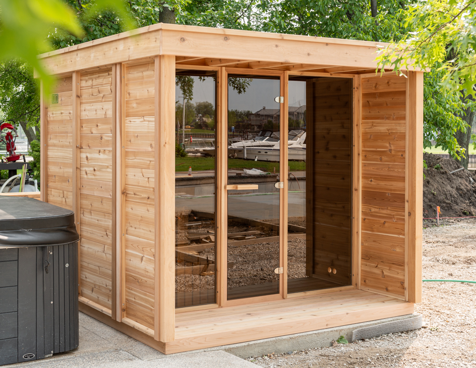 Pure cube outdoor sauna met veranda 262 x 253 cm - Knotty Red Cedar
