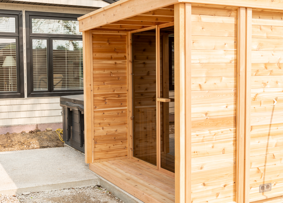 Pure cube outdoor sauna met veranda 262 x 253 cm - Knotty Red Cedar