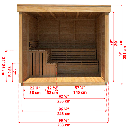 Pure cube outdoor sauna met veranda 262 x 253 cm - Knotty Red Cedar