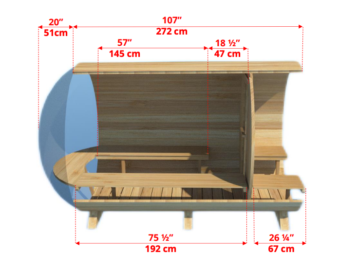 Dundalk panorama barrel sauna met veranda ø213 x 310 cm - Clear Red Cedar (PD)