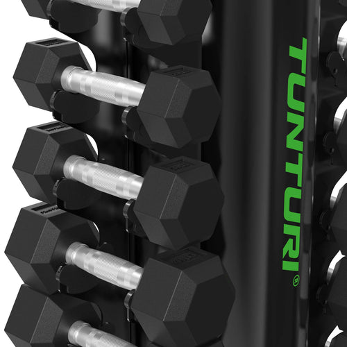 Tunturi Platinum Hex Rubber Dumbbell 1 - 10 kg set met Dumbbell Toren
