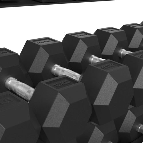 Tunturi Platinum Hex Rubber Dumbbell 2,5 - 30 kg set met Dumbbell Rek