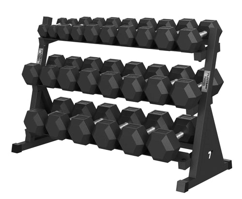 Tunturi Platinum Hex Rubber Dumbbell 2,5 - 30 kg set met Dumbbell Rek
