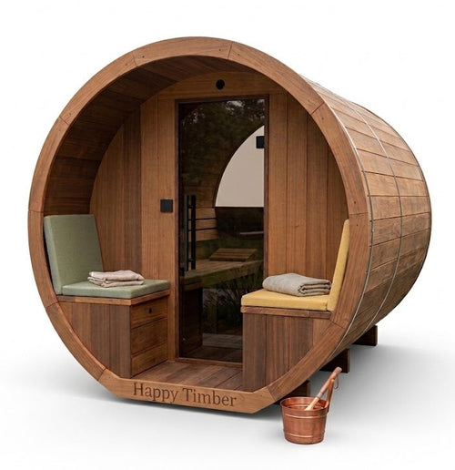 Gemodificeerd Ayous barrel sauna met voorportaal 295 cm
