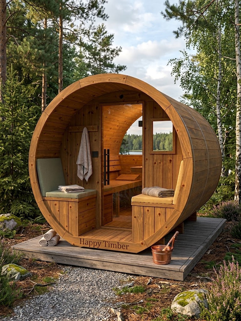 Vuren thermowood barrel sauna met voorportaal 295 cm