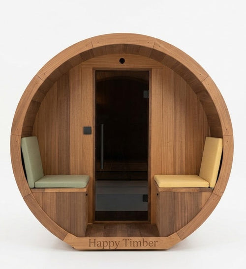 Gemodificeerd Ayous barrel sauna met voorportaal 295 cm