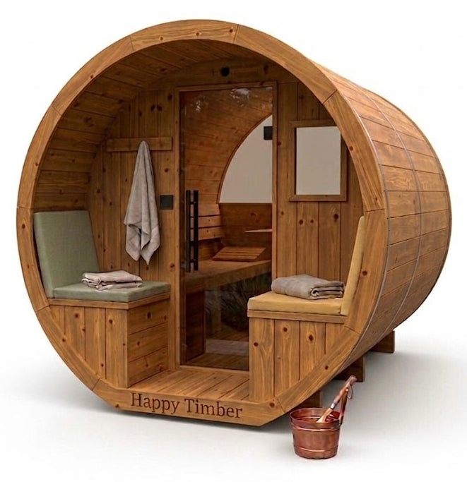Vuren thermowood barrel sauna met voorportaal 265 cm