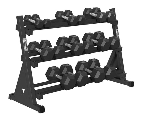 Tunturi Platinum Hex Rubber Dumbbell 2,5 - 20 kg set met Dumbbell Rek