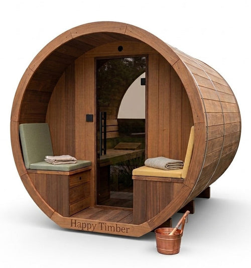 Gemodificeerd Ayous barrel sauna met voorportaal 265 cm